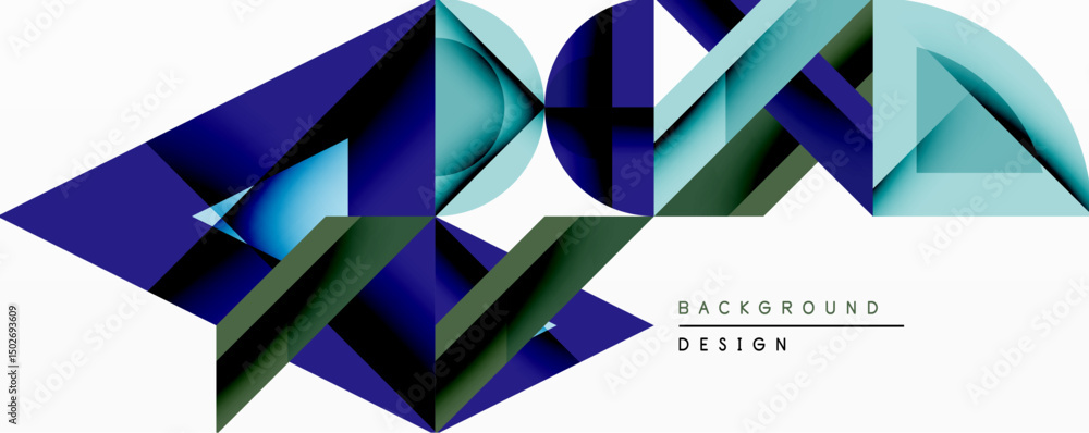 Poster Abstract geometric composition. Overlapping shapes create dynamic visual effect. Blue, teal, dark shades dominate design. Modern style, clean lines, gradient textures present.