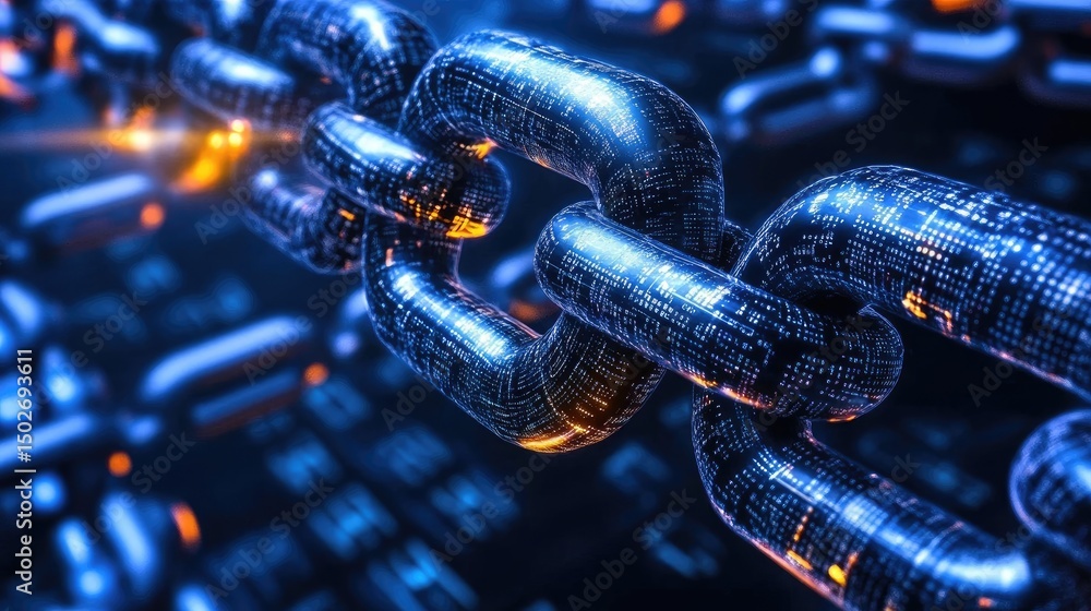 Poster intricate metallic chain links, glowing, filled with data code, signifying secure digital connection