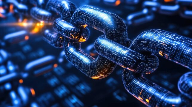Intricate metallic chain links, glowing, filled with data code, signifying secure digital connection