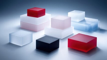 Obraz premium Multi-colored cubes arranged in a neat row on a wooden table with soft daylight background.