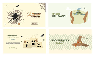 Eco-Conscious Green Halloween Handcrafted Decoration Cards. sustainable Halloween cards. Eco-friendly halloween concept. Banner set. Halloween celebrations banner set. Flat design. Vector illustration