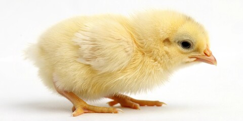 An adorable fluffy yellow baby chicken, isolated on a white background, perfect for Easter and farm animal themes