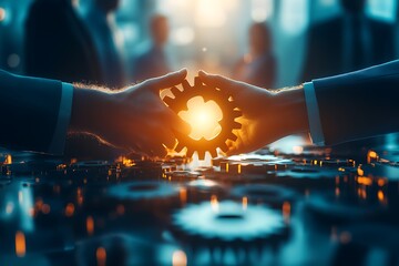 Synergy in motion Hands connecting interlocking gears, symbolizing collaboration and technological advancement for business success.
