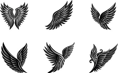 Flying bird wings vector set with angel and tribal feather Silhouette designs, perfect for tattoo or freedom symbol illustration