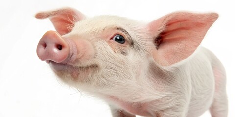 Cute pink piglet with a snout and ears in a rustic farm barn