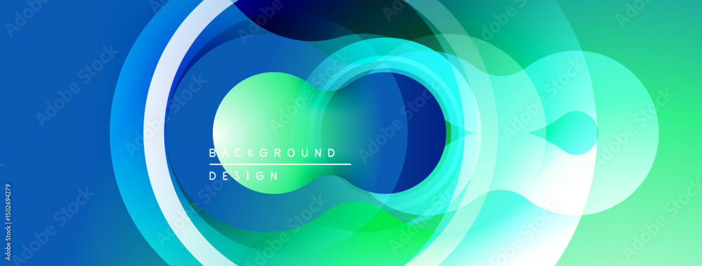 Poster abstract circles, vibrant blues, greens create dynamic background. smooth gradients, modern design e