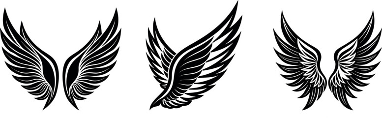 Flying bird wings vector set with angel and tribal feather Silhouette designs, perfect for tattoo or freedom symbol illustration