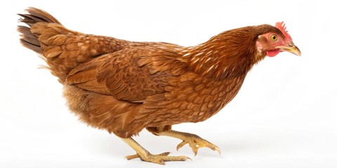 A single brown domestic hen or young chicken stands isolated on a white studio background
