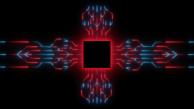 Advanced Futuristic CPU chip set and electric circuit with data transfer moving on dark background Neon glowing futuristic cyberspace technology background template.