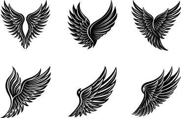 Flying bird wings vector set with angel and tribal feather Silhouette designs, perfect for tattoo or freedom symbol illustration