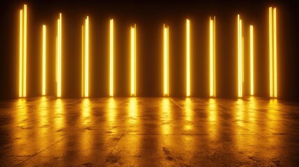 Glowing golden vertical lights illuminate a dark, reflective floor