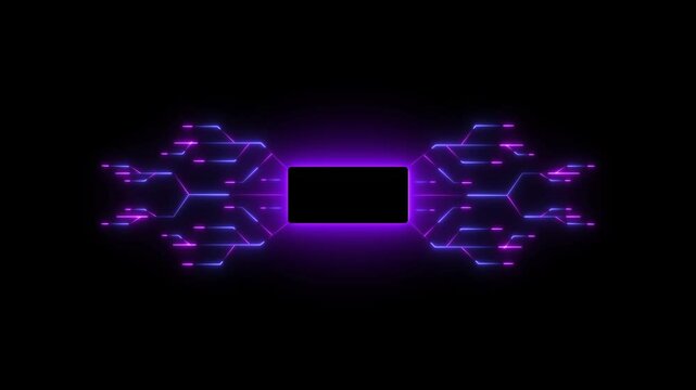 Advanced Futuristic CPU chip set and electric circuit with data transfer moving on dark background Neon glowing futuristic cyberspace technology background template.