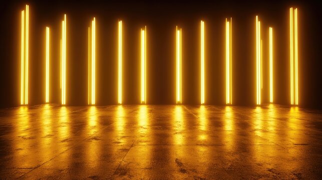 Glowing golden vertical lights illuminate a dark, reflective floor