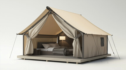 A tent is set up in the middle of a peaceful camping site.

