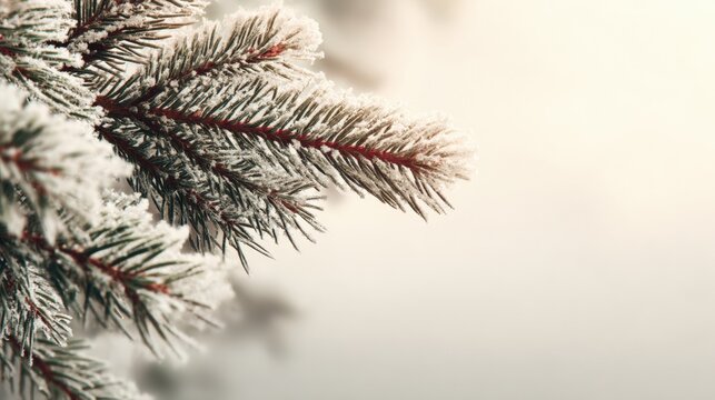 Close-up of snow-covered pine tree branches with green needles against a blurred winter background.
