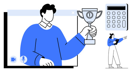Person holding trophy on video call screen, digital calculator, standing figure pointing. Ideal for success, teamwork, remote work, education, leadership, digital tools simple landing page