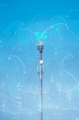 Obraz premium Telecommunication tower or Mobile phone tower with 5G cellular network . Global connection and internet network concept.
