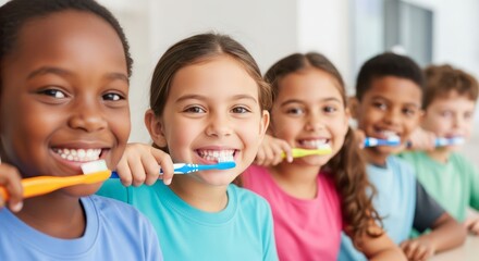 Diverse Group of Children Brushing Their Teeth for Healthy Smiles