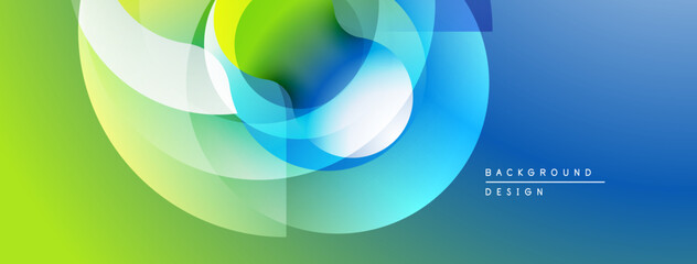 Abstract colorful design. Overlapping translucent shapes create dynamic visual effect. Gradient blends green, blue, yellow hues.