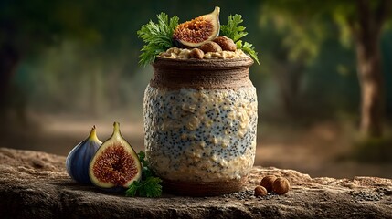 A jar of soaked oats topped with figs and chia seeds