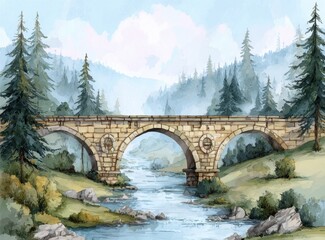 Fototapeta premium The Traditional Mughal Stone Bridge Over The River With Beautiful Landscape And Surroundings