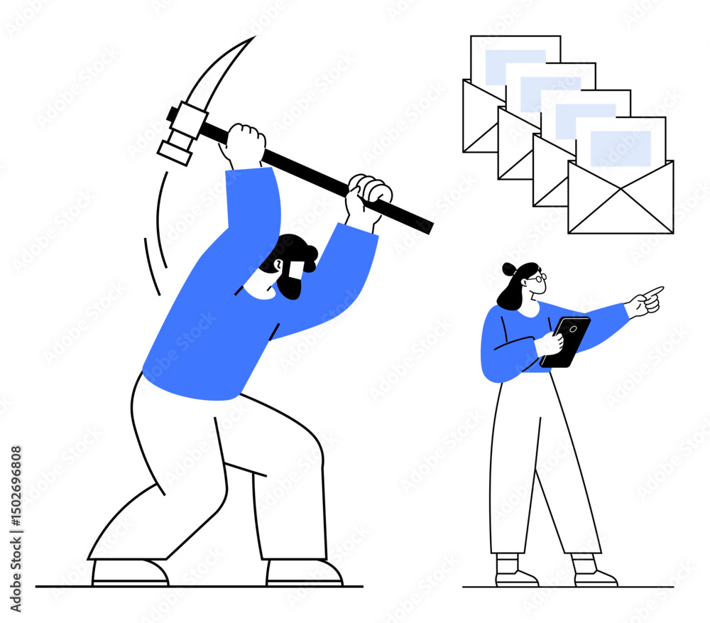 Poster worker mining data with pickaxe, colleague with tablet giving directions, and stacked mailboxes. ide