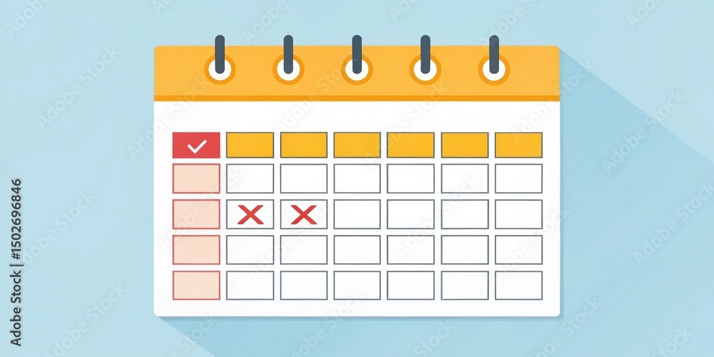 Poster illustration of a desk calendar with highlighted and marked dates, featuring checkmarks and red xs o