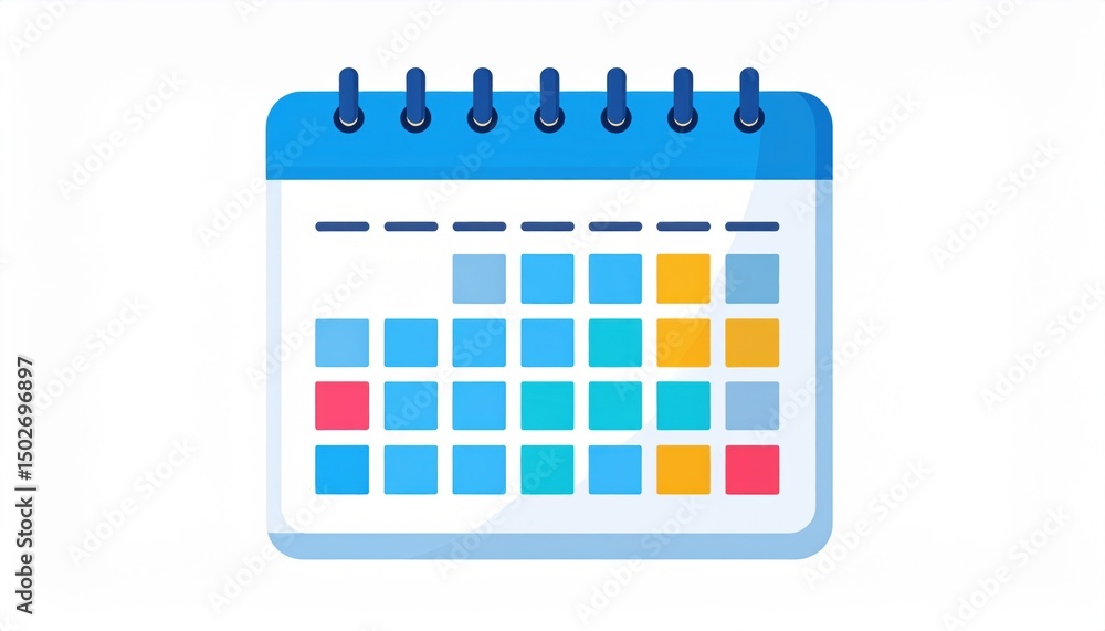 Poster a colorful, illustrated calendar with marked dates, featuring a spiral top and various colored squar