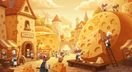 Cheese Town Illustration with Mouse Workers