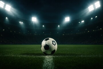 Soccer ball placed at the center of green grass field in large stadium under bright floodlights. Night setting. Sports competition and football championship atmosphere