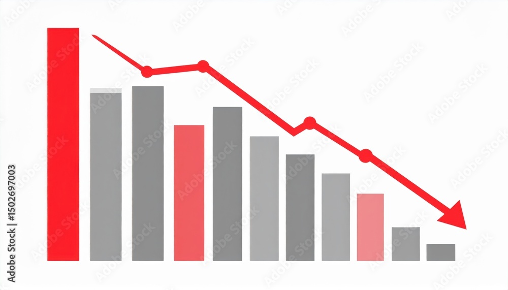 Poster a bar chart with a red downward trend line indicating a significant decline over time.