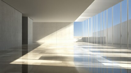 Wide hallway featuring a mirror wall reflecting a bright blue sky, creating a spacious, modern interior.