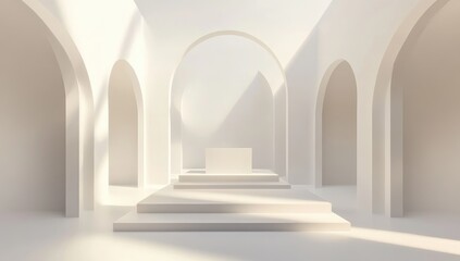 Empty white archway room with steps and pedestal