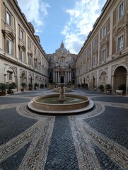 Naklejka premium Monastery Courtyard Inside Vatican Showcases Elegant Architecture and Tranquil Fountains Under a Beautiful Sky