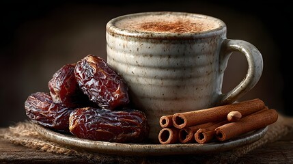 Almond milk with cinnamon sticks beside almonds and dates