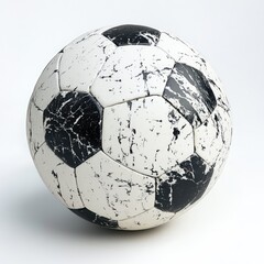 A worn, white and black soccer ball with a cracked and faded surface