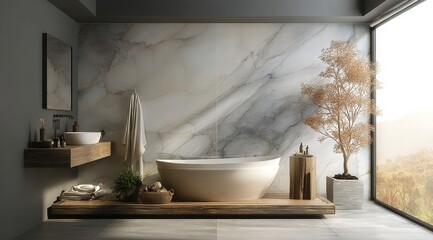 Modern Bathroom with Marble Wall and Freestanding Bathtub
