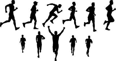 Silhouette Runners Marathon Collection. Race Competition Athletes Sport Fitness. Training Endurance Speed. Victory Celebration. Jogging Running Sprint. Set Vector Illustration