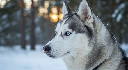 Naklejka premium Husky Profile in Snowy Forest