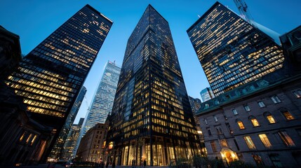 Naklejka premium The Financial District glows under twilight, skyscraper windows sparkling like stars..