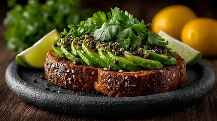 Avocado toast with seeds surrounded by fresh ingredients