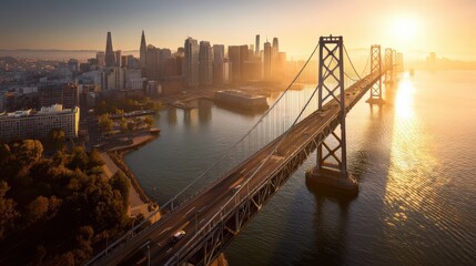 Obraz premium The San Francisco skyline shines beneath golden rays, the bridge spanning across calm waters in high summer..