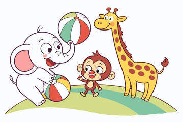 Naklejka premium Cute Cartoon Jungle Animal Friends Including Elephant, Monkey, and Giraffe Playing with Colorful Beach Balls in a Fun Outdoor Setting, Perfect for Children's Illustrations and Wildlife-Themed Designs