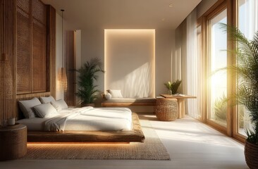 Modern Minimalist Bedroom with Natural Light and Wooden Accents