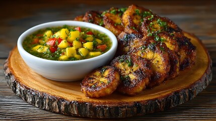 Baked plantain chips served with a mango salsa dip