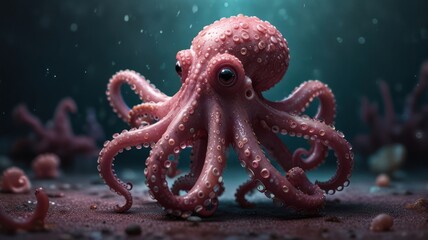 A digital rendering of a cute, pink octopus with large eyes, positioned centrally against a dark, underwater background, surrounded by smaller, similar octopuses and scattered, pearl-like objects.  