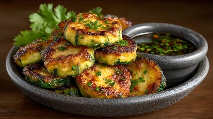 Baked zucchini chips stacked in a ceramic bowl beside dipping sauce