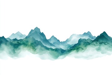Misty mountain range, soft hues of teal and green