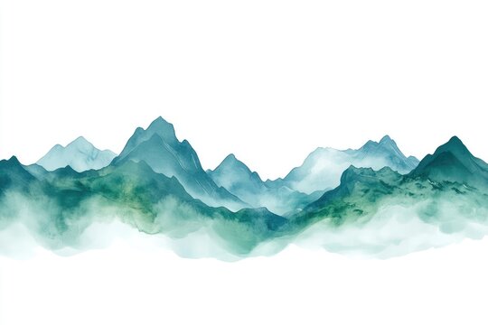 Misty mountain range, soft hues of teal and green