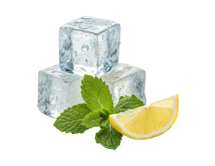 Three ice cubes with mint leaves and a lemon slice isolated on a transparent background png drinks design 
